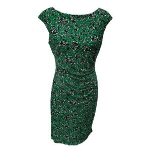 Lauren Ralph Lauren Midi Dress Women 10 Green W/Black Floral Print Ruched Pullon